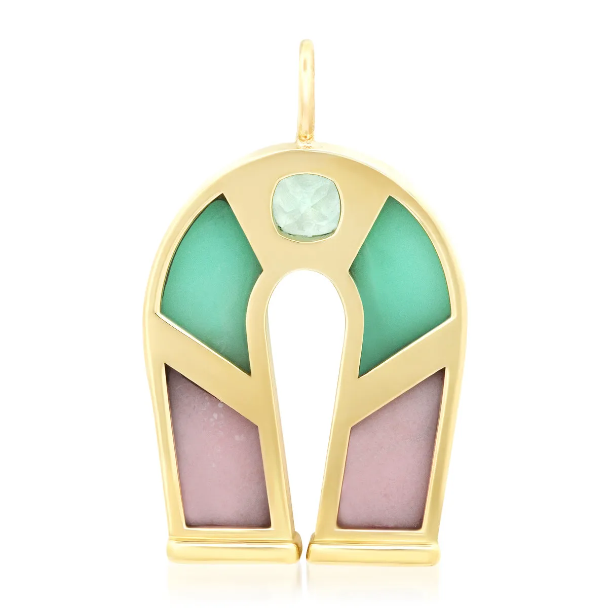 14K Yellow Gold Green Tourmaline, Chrysoprase and Pink Opal Horseshoe Necklace