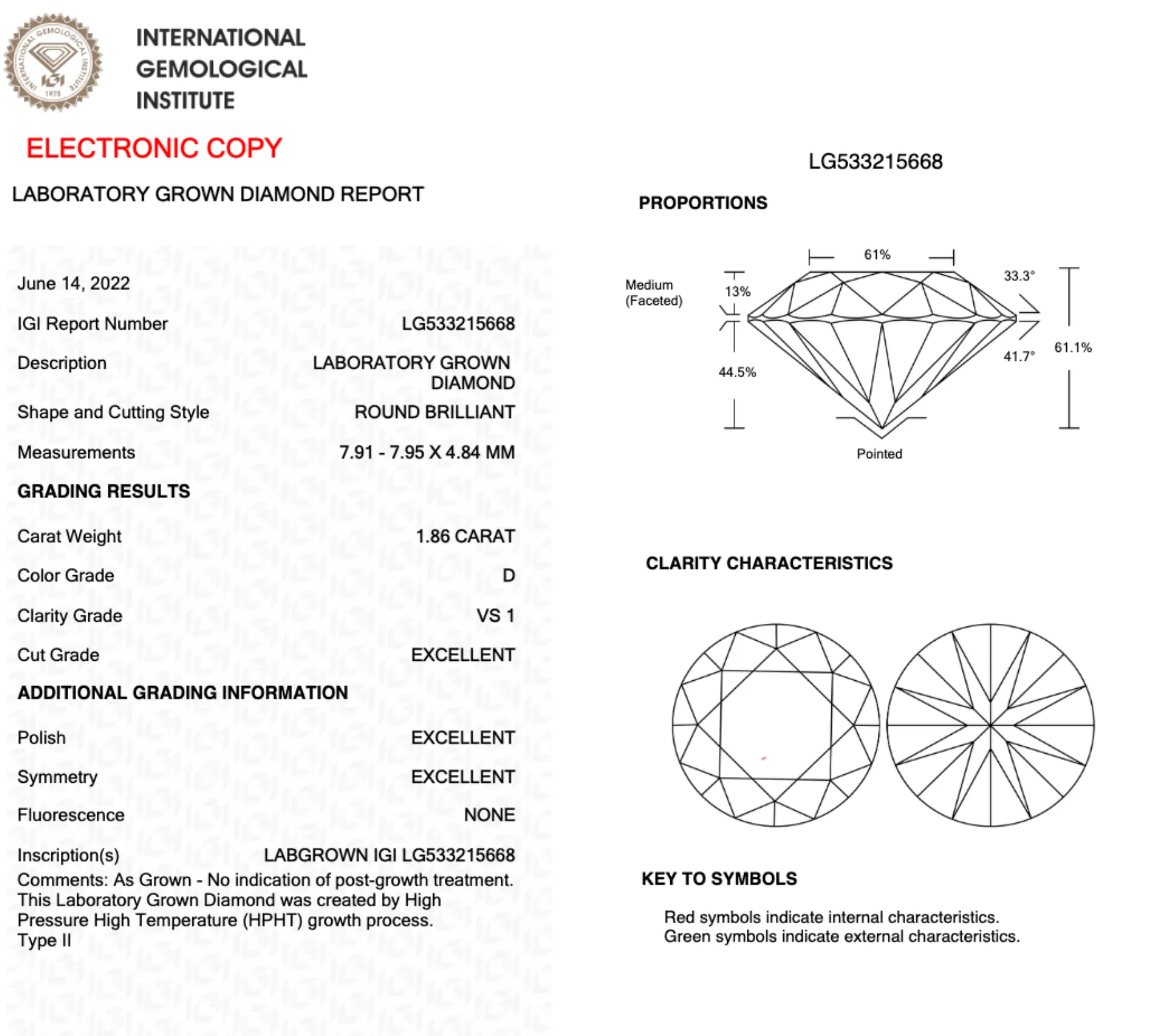 1.86CT Round D VS1 EX EX EX NONE - LG533215668