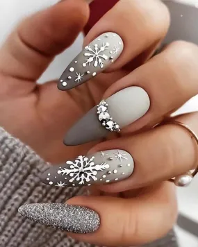 24pcs Ombre Snowflake Design Glitter Rhinestone Matte Press on Stiletto Almond False Nails Set