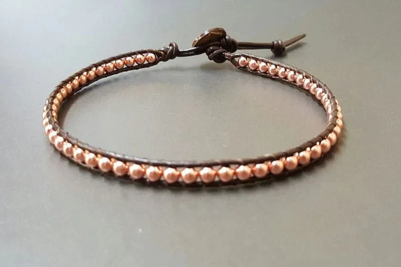 4 mm Ball Rose Gold Leather Bracelet Anklet, Beaded Bracelet, Women Anklet, Unisex Bracelet, Leather Wrap