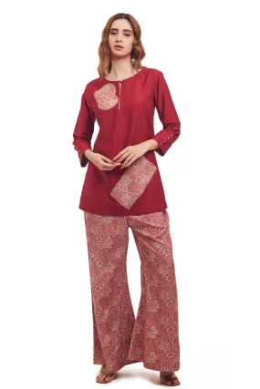 50Z912-RO Dark Pink Printed Silk Suit Set