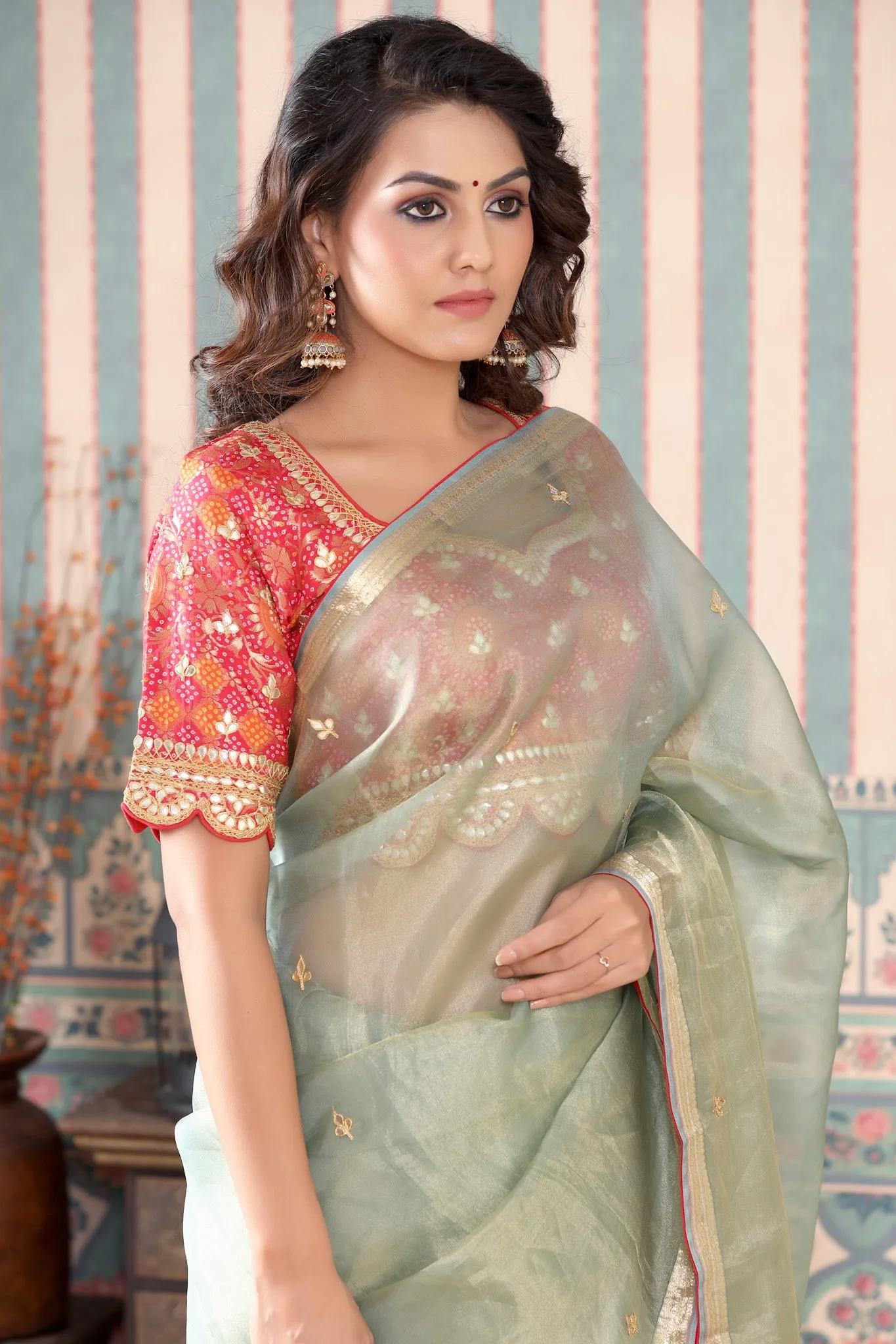 90Z511-RO Golden Green Tissue Silk Sari with Pink Embroidered Blouse