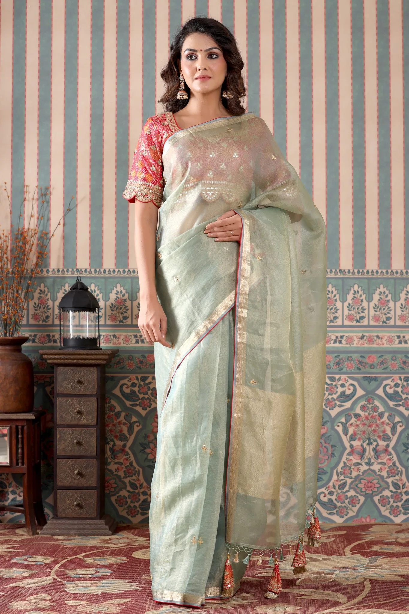 90Z511-RO Golden Green Tissue Silk Sari with Pink Embroidered Blouse