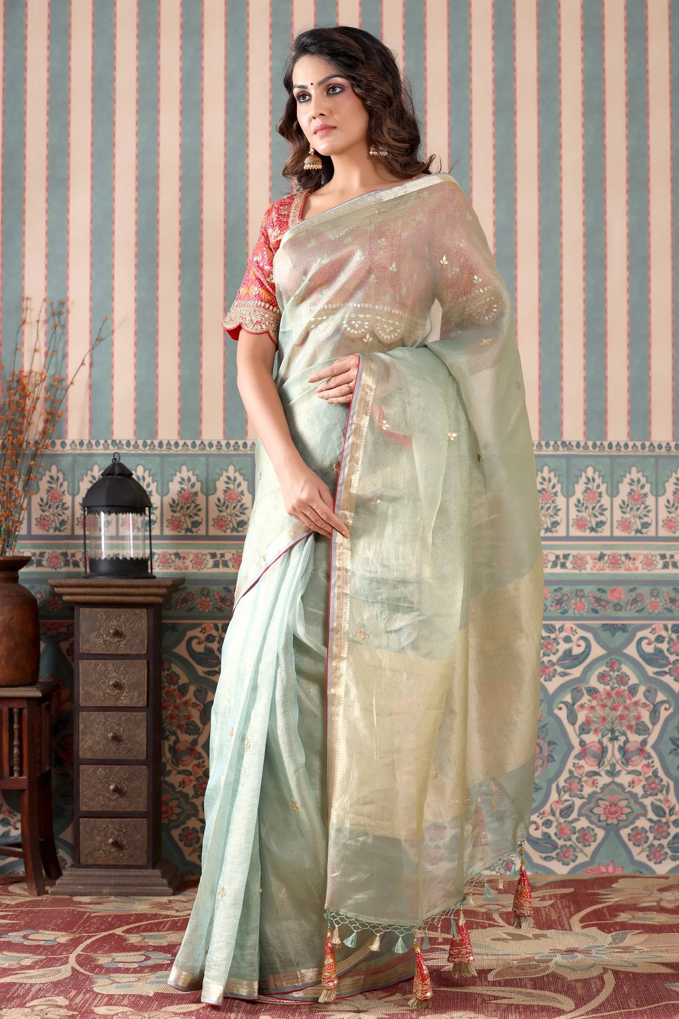 90Z511-RO Golden Green Tissue Silk Sari with Pink Embroidered Blouse