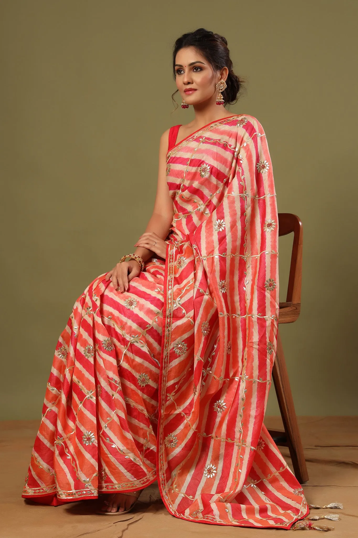 90Z554-RO Light Pink Gota Work Striped Organza Saree