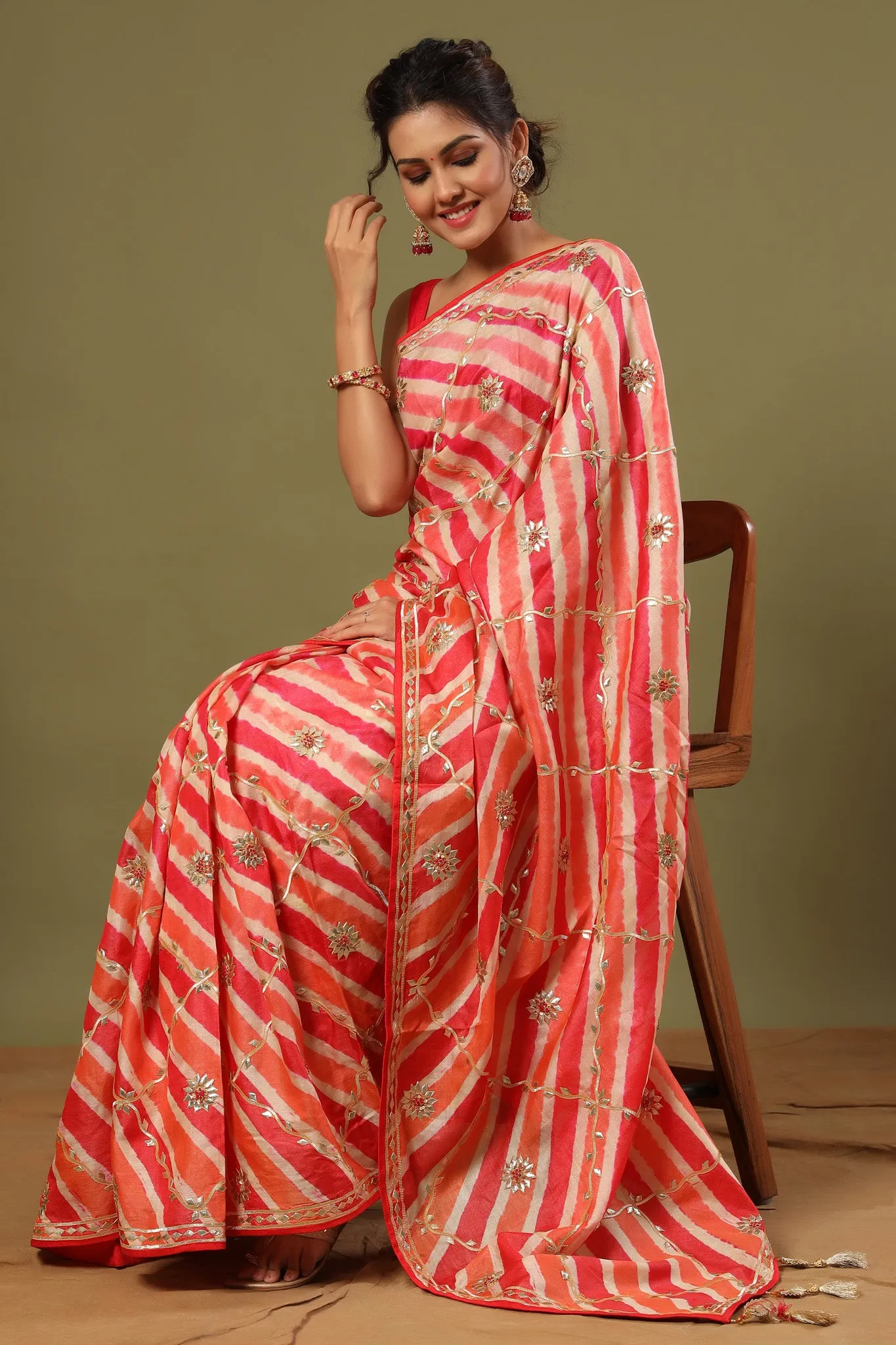 90Z554-RO Light Pink Gota Work Striped Organza Saree