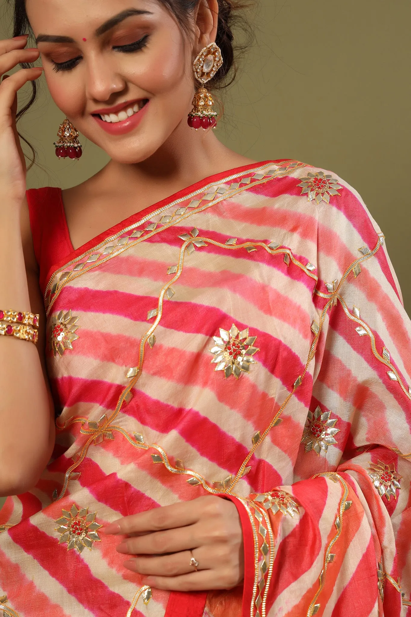 90Z554-RO Light Pink Gota Work Striped Organza Saree