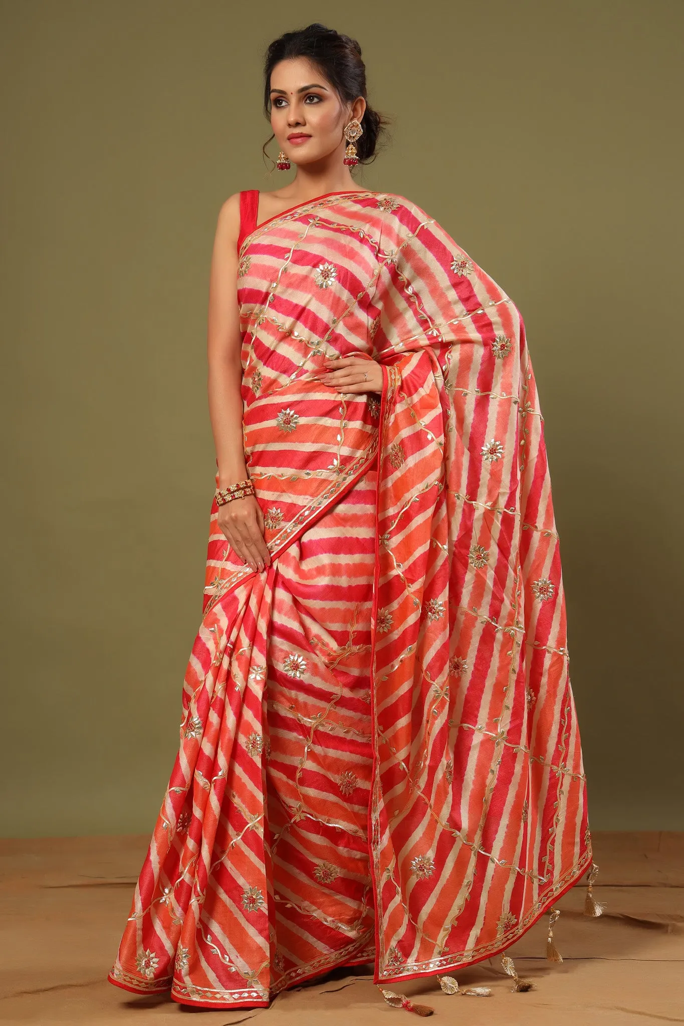 90Z554-RO Light Pink Gota Work Striped Organza Saree