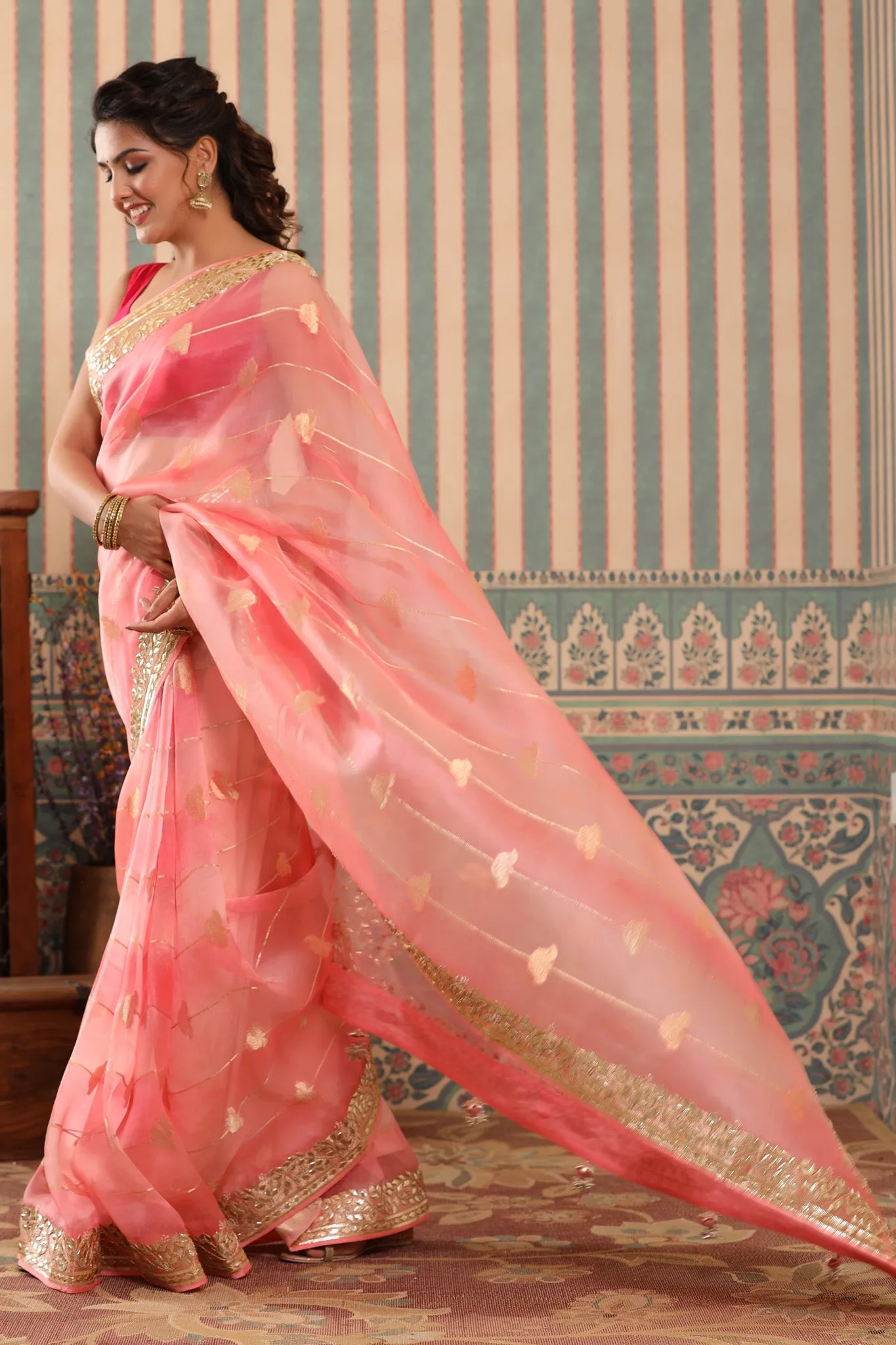 90Z638-RO Pink Organza Saree with Gota Patti Border