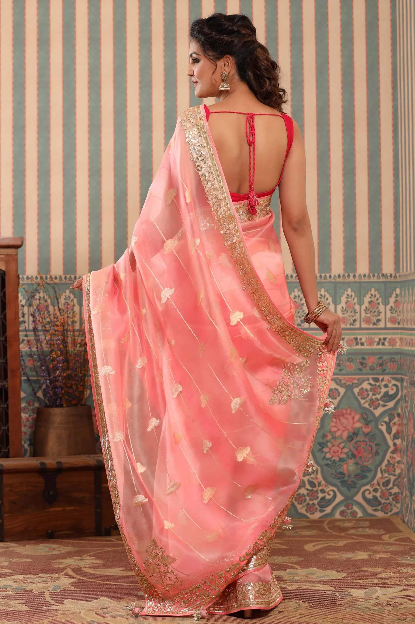 90Z638-RO Pink Organza Saree with Gota Patti Border