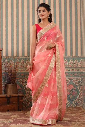 90Z638-RO Pink Organza Saree with Gota Patti Border