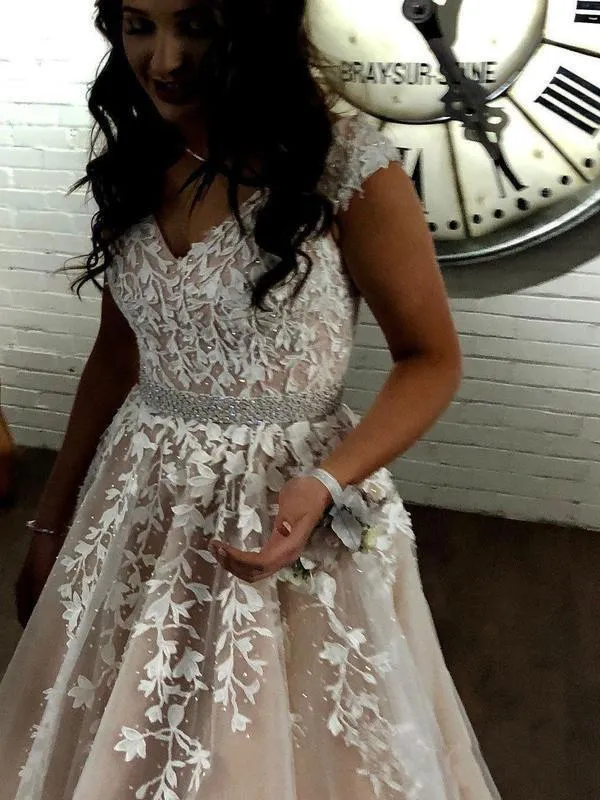 A Line Cheap Nude Quinceanera Dress Lace Appliques Cap Sleeve Beaded Prom Dresses