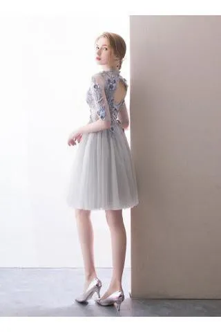 A Line Half Sleeve Lace Short Prom Dresses High Neck Tulle Homecoming Dresses