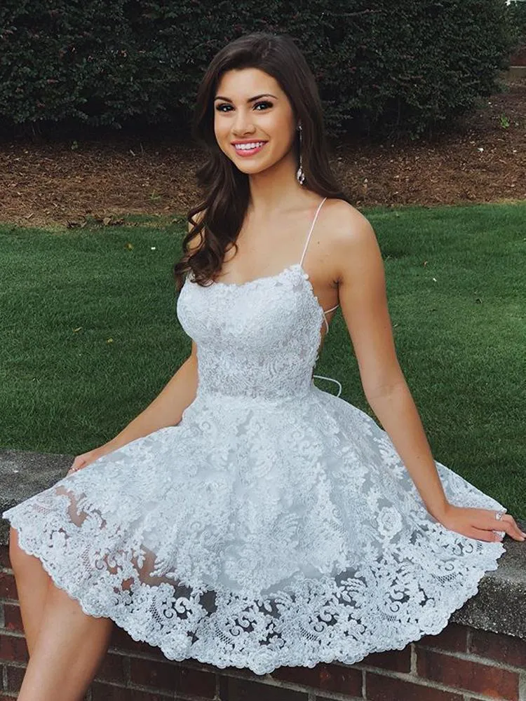 A Line Sweetheart Spaghetti Straps Backless White Lace Appliques Short Homecoming Dresses