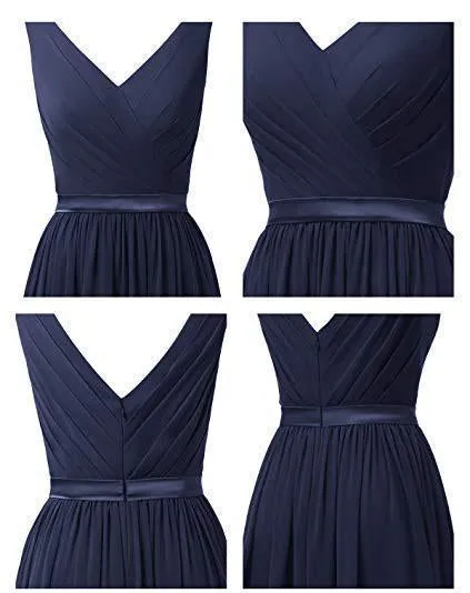 A Line V Neck Chiffon Navy Blue Long Sleeveless Ruffles Floor Length Prom Dresses