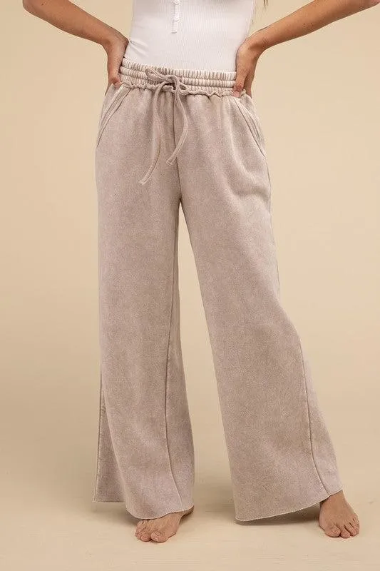 Acid Wash Fleece Palazzo Sweatpants With Pockets