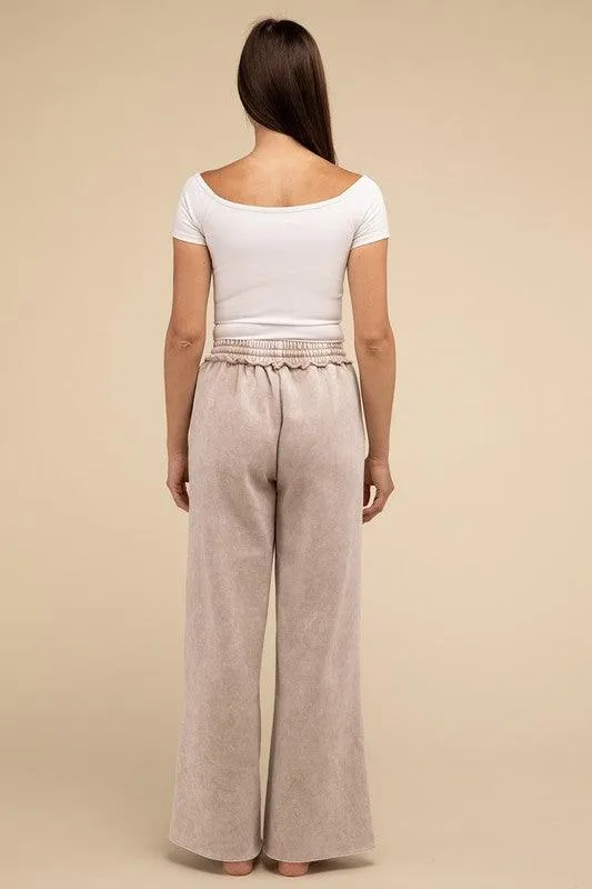 Acid Wash Fleece Palazzo Sweatpants With Pockets