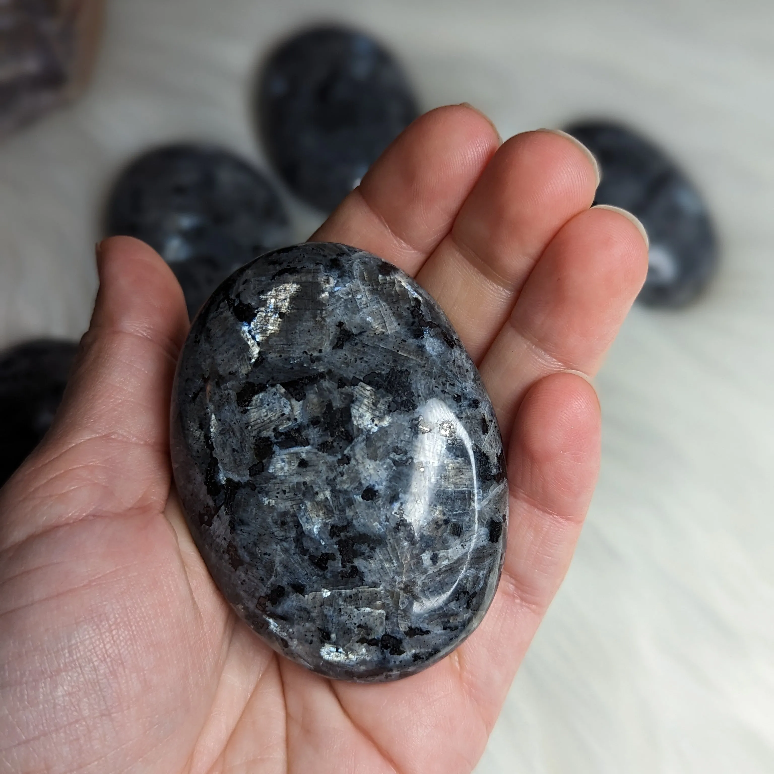 Amazing Flash~ Larvikite Pillow Palm Stone Carving ~Access Higher Realms with Protective Energy~