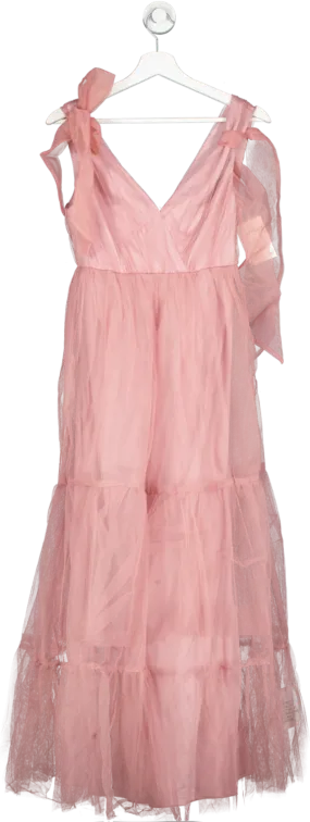 ASOS Pink Petite Tulle Bow Tie Tiered Maxi Dress UK 8