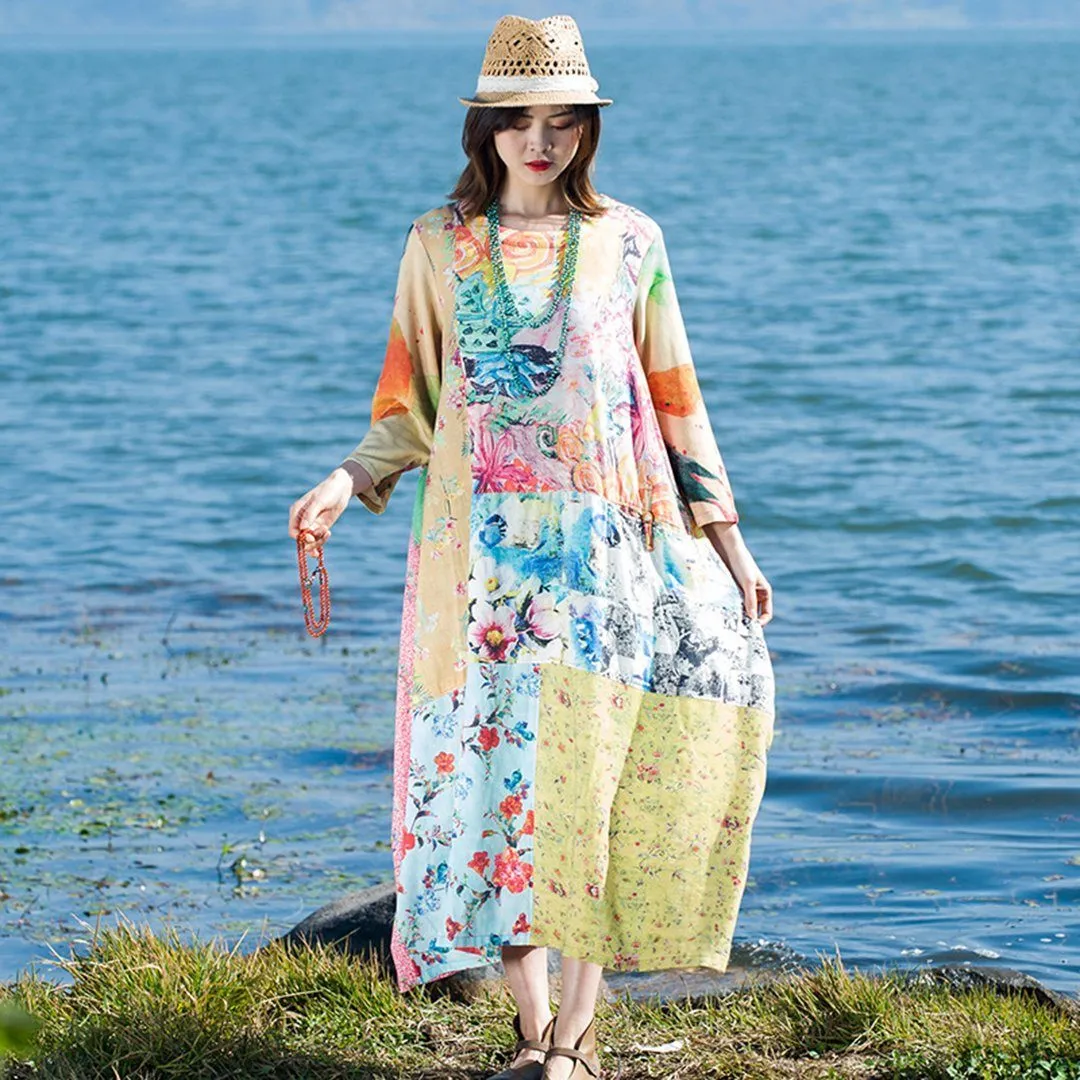 BABAKUD Flower Paneled Loose Casual Linen Long Sleeve Dress