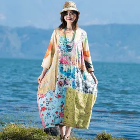 BABAKUD Flower Paneled Loose Casual Linen Long Sleeve Dress