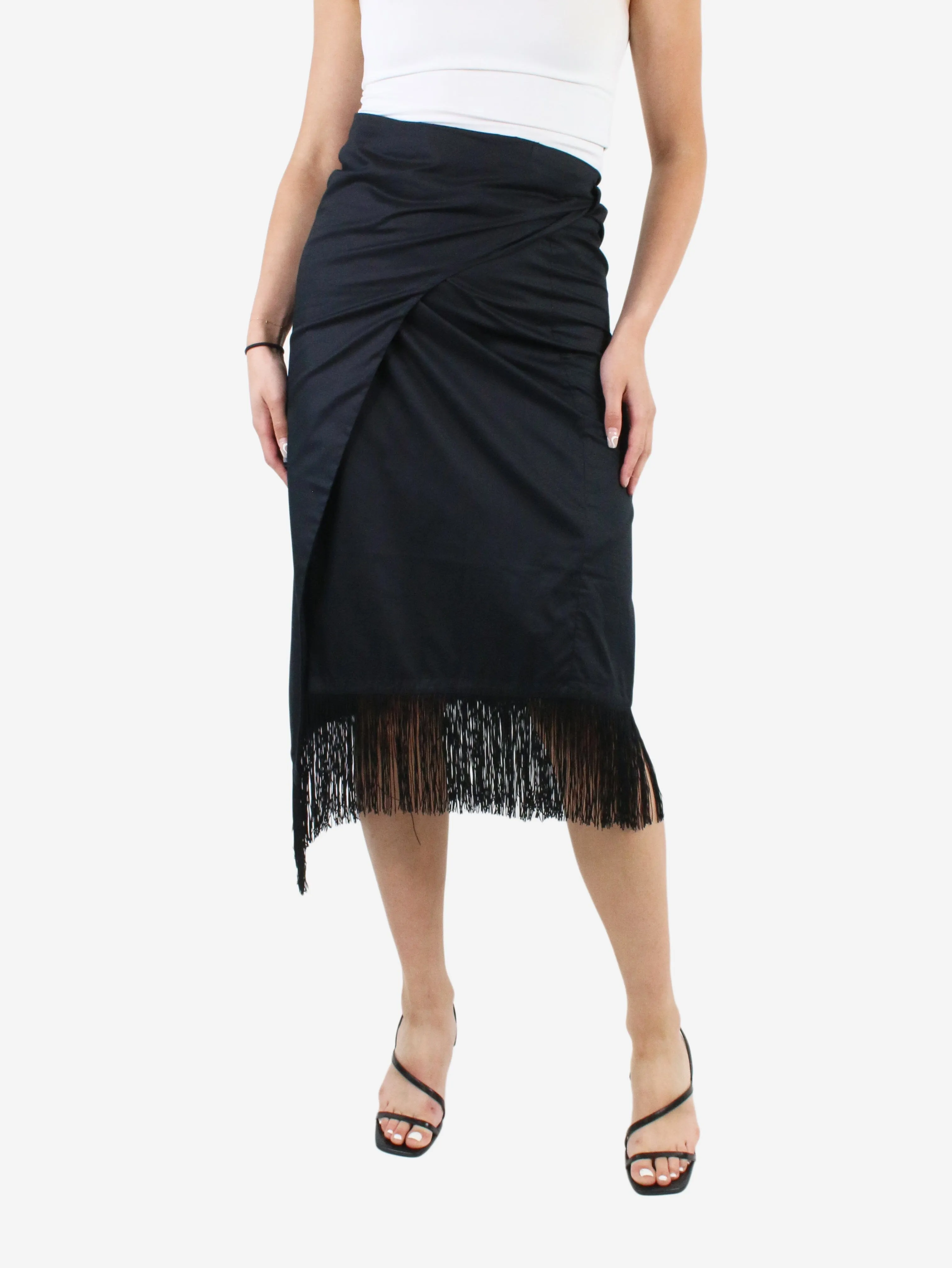 Black fringe-hem wrap midi skirt - One Size