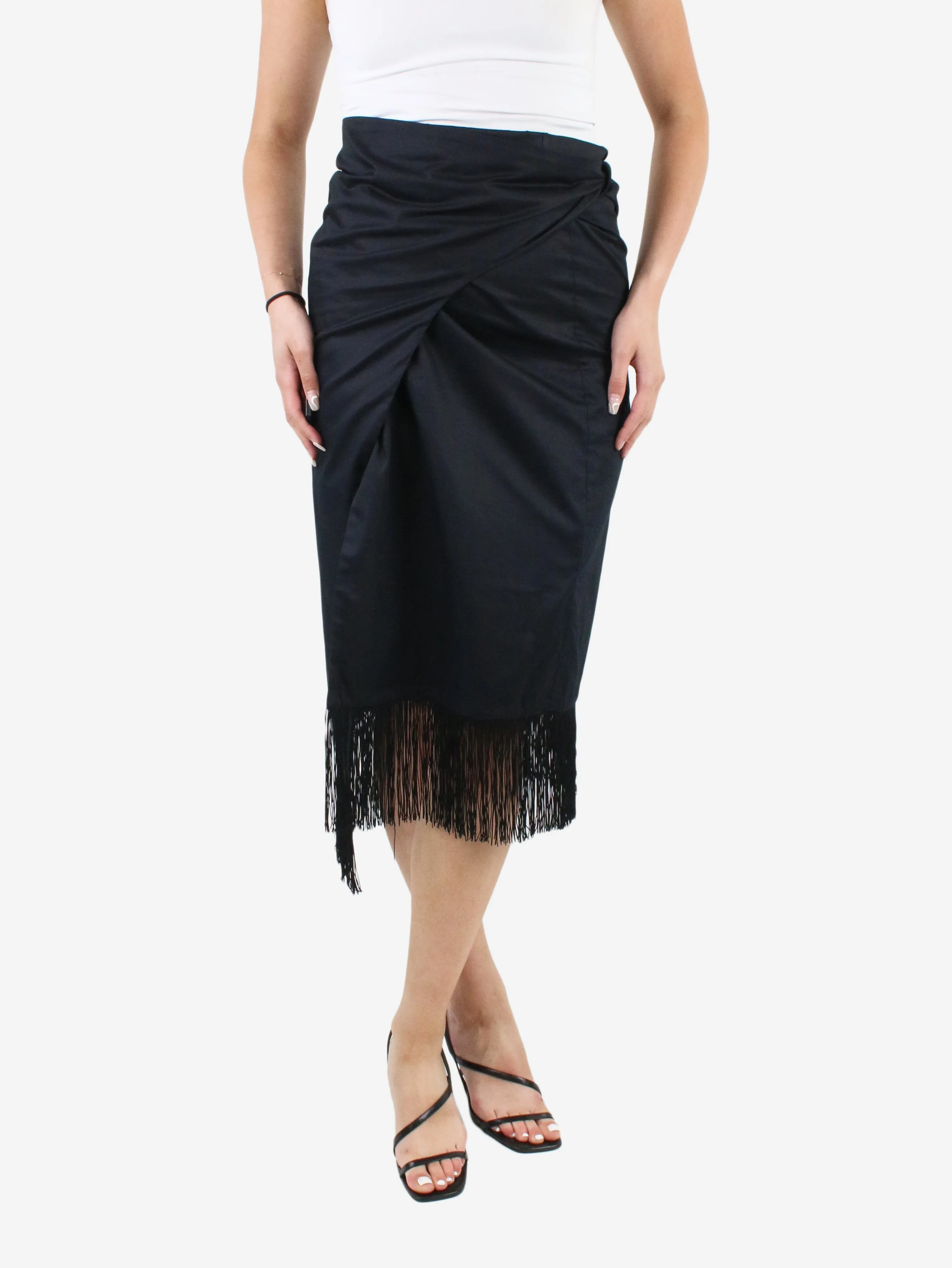 Black fringe-hem wrap midi skirt - One Size