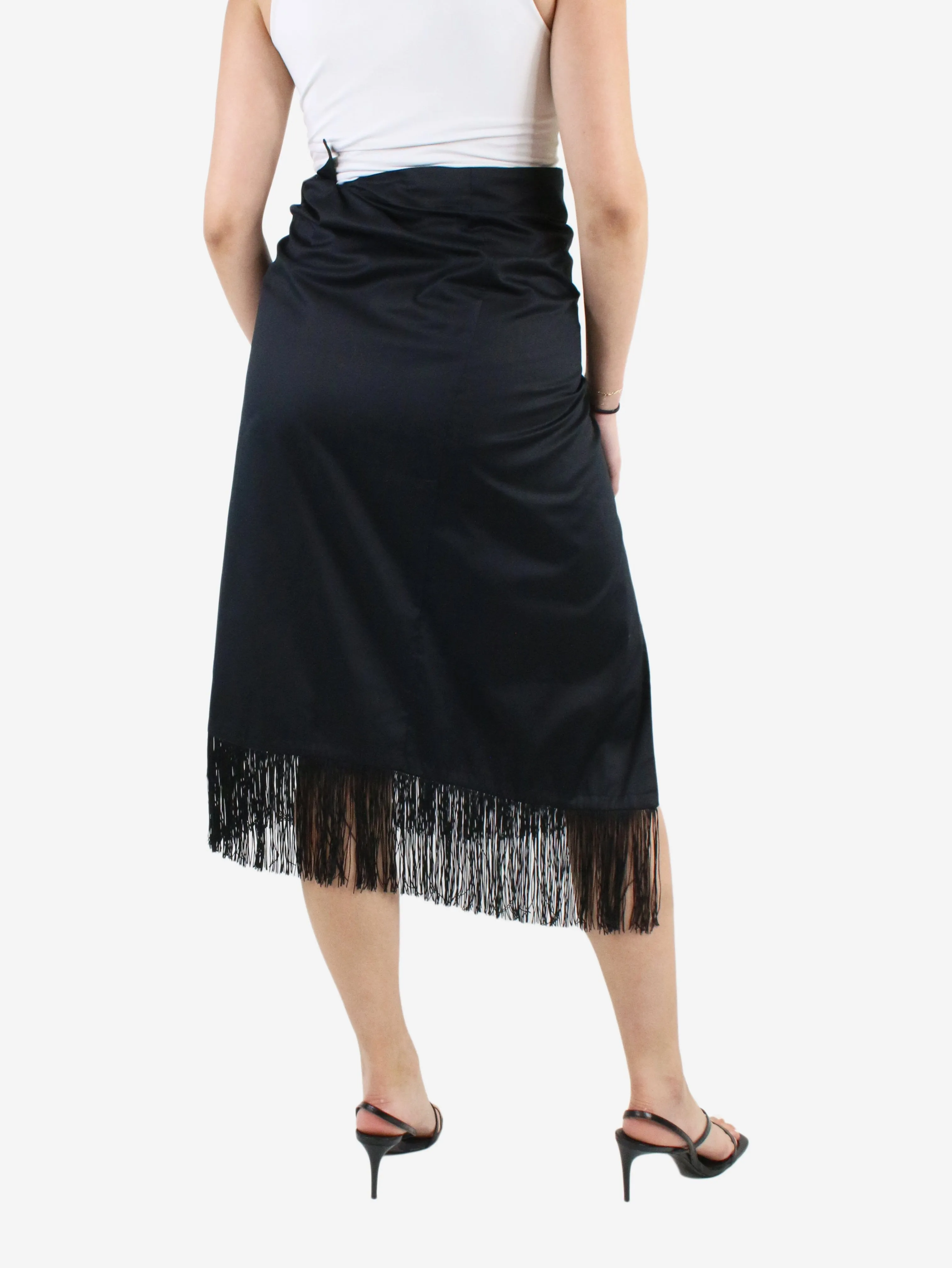 Black fringe-hem wrap midi skirt - One Size