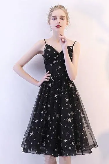 Black V Neck Short Prom Dresses Spaghetti Straps Knee Length Homecoming Dress with Stars