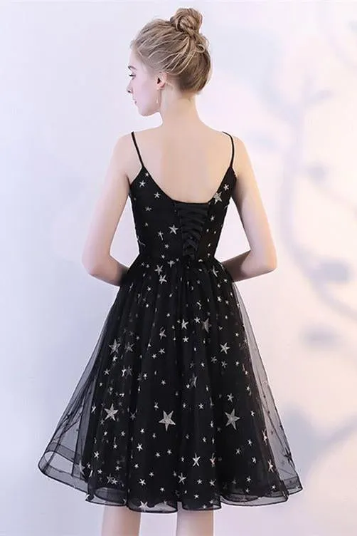 Black V Neck Short Prom Dresses Spaghetti Straps Knee Length Homecoming Dress with Stars