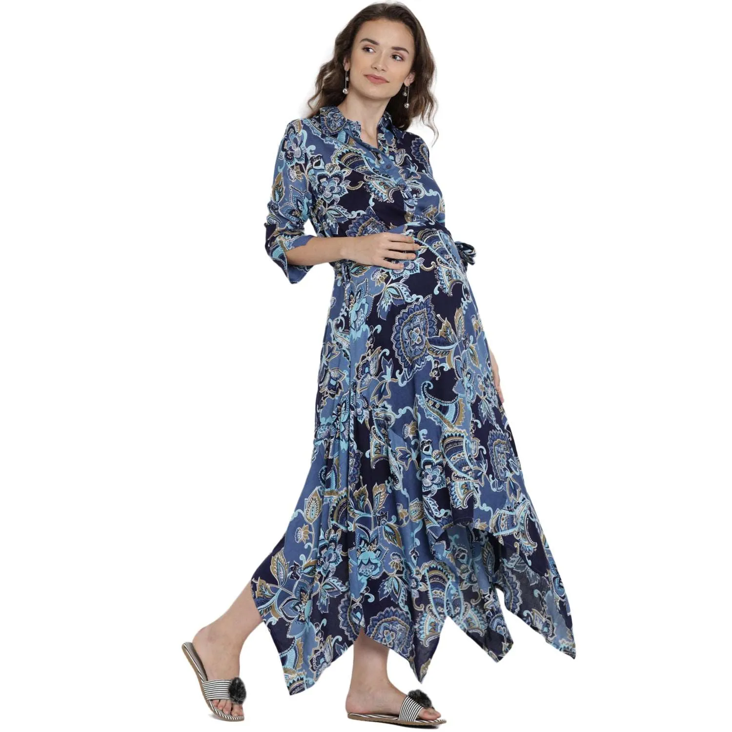 Blue Floral Print Maternity Maxi Dress