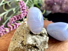 Blue Lace Agate Adjustable Ring - Long Oval