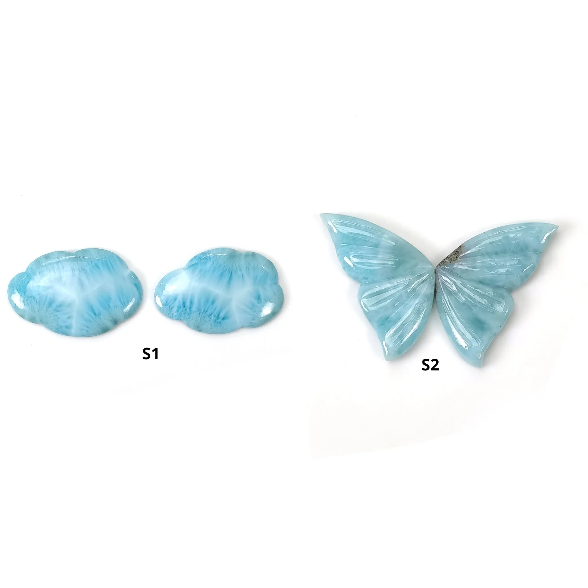 BLUE LARIMAR Gemstone Carving : Natural Untreated Unheated Larimar Bi-Color Hand Carved Cloud & Butterfly Sets