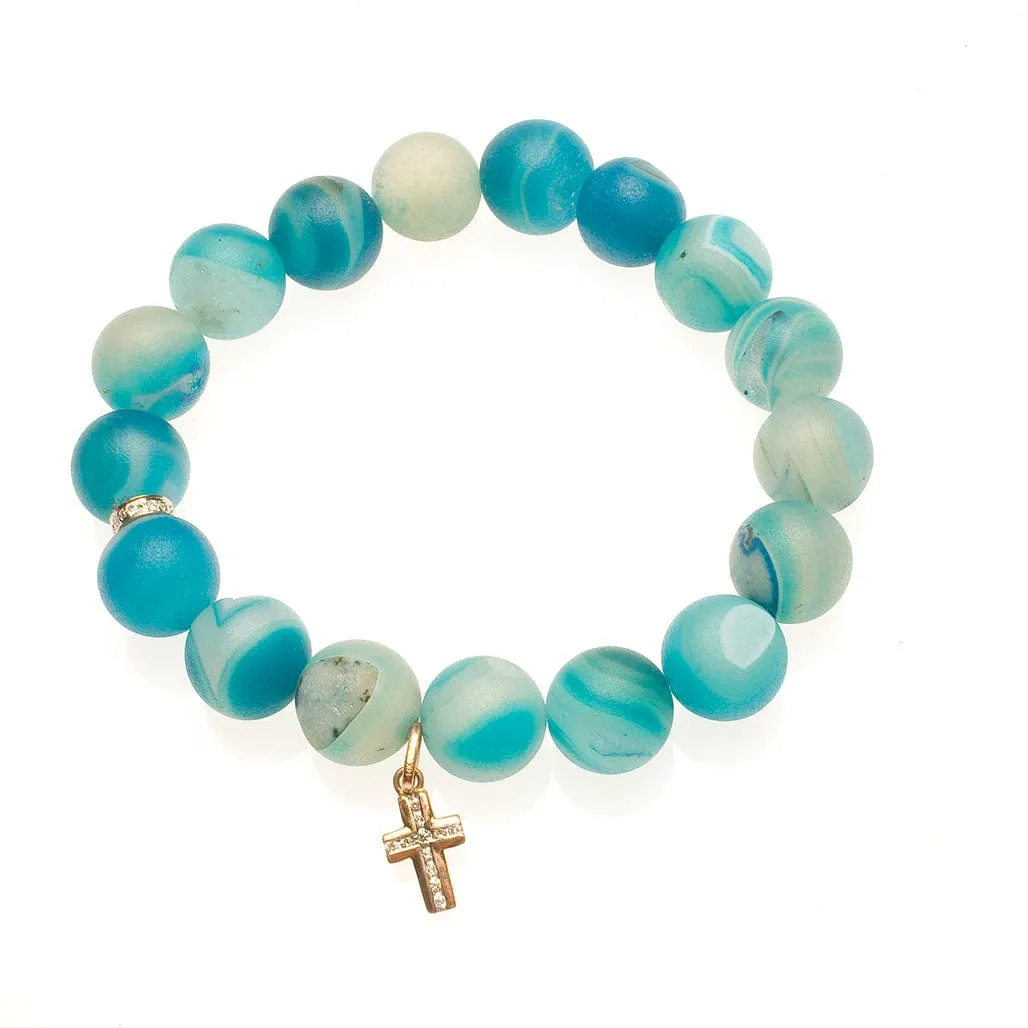 Blue Multicolor Beaded Bracelet with Diamonds, 14K Gold and Channel Cross Charm