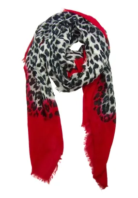 Blue Pacific Animal Print Cashmere Silk Scarf in Red and Snow 78 x 22