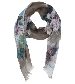 Blue Pacific Floral Micromodal and Silk Neckerchief Scarf in Taupe