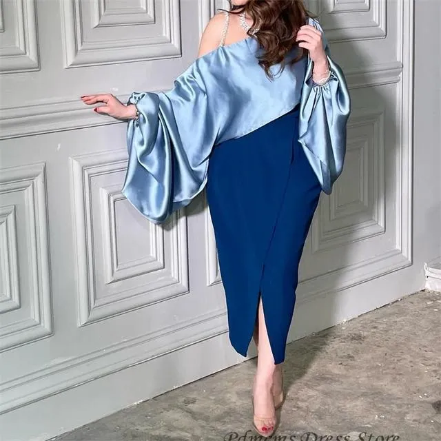 Blue Satin Mermaid Evening Vintage Long Puff Sleeves Dress 070611969 M