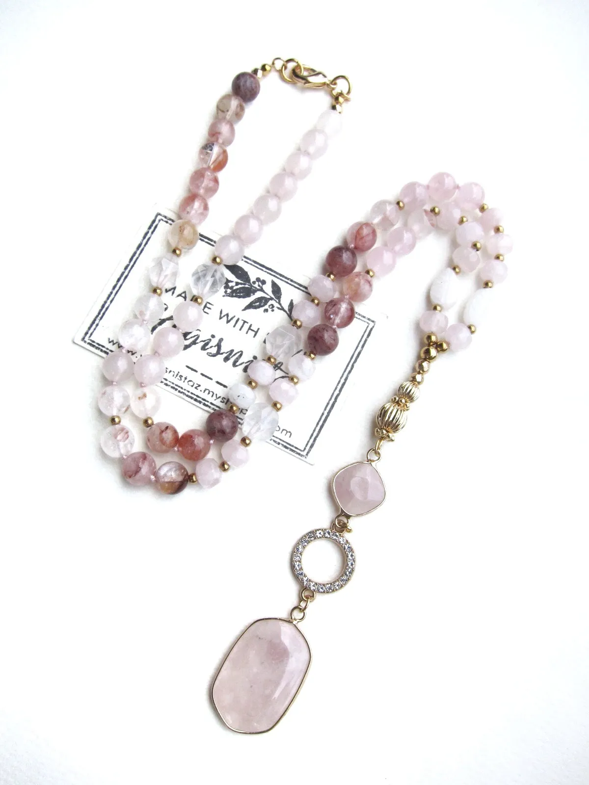 Bohemian Pink Goddess Rose Quartz Pendant Necklace - Balance, Love, Fertility, Calming, Happiness