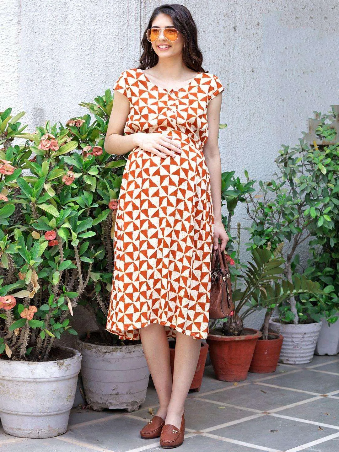 Brown Geometric Print  Maternity Dress