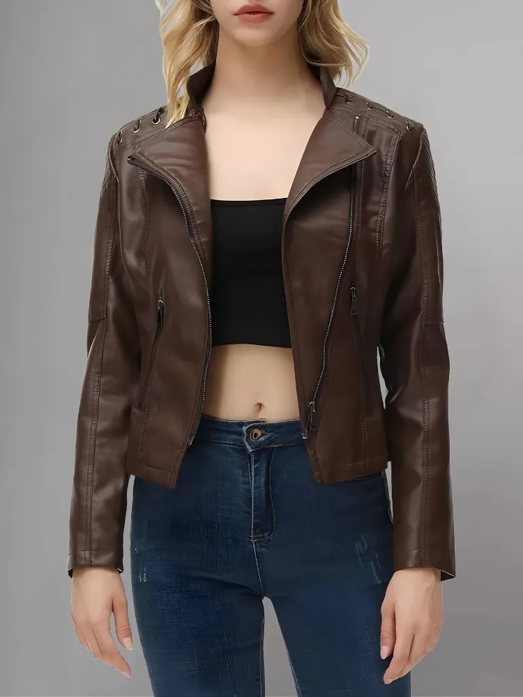 Brown Long-Sleeve Moto Jacket - Women & Plus