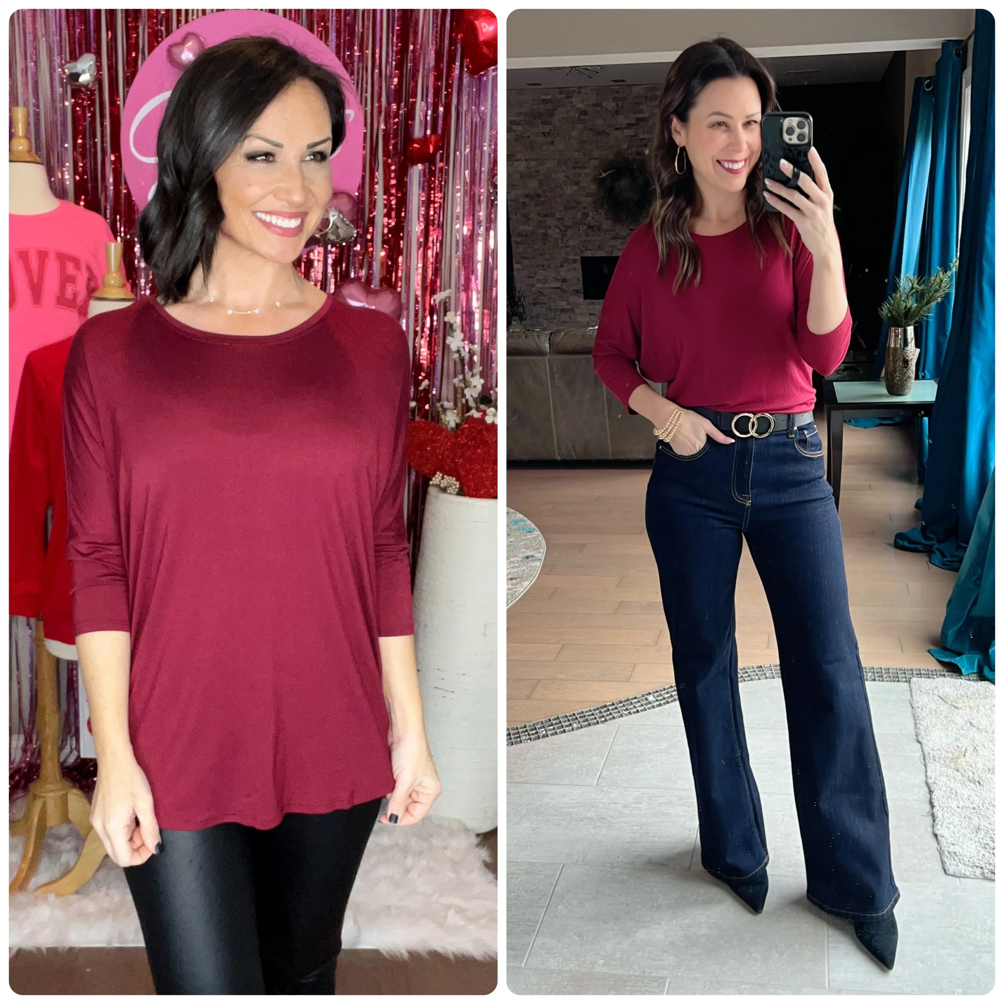 Burgundy Loose fit dolman sleeve jersey knit