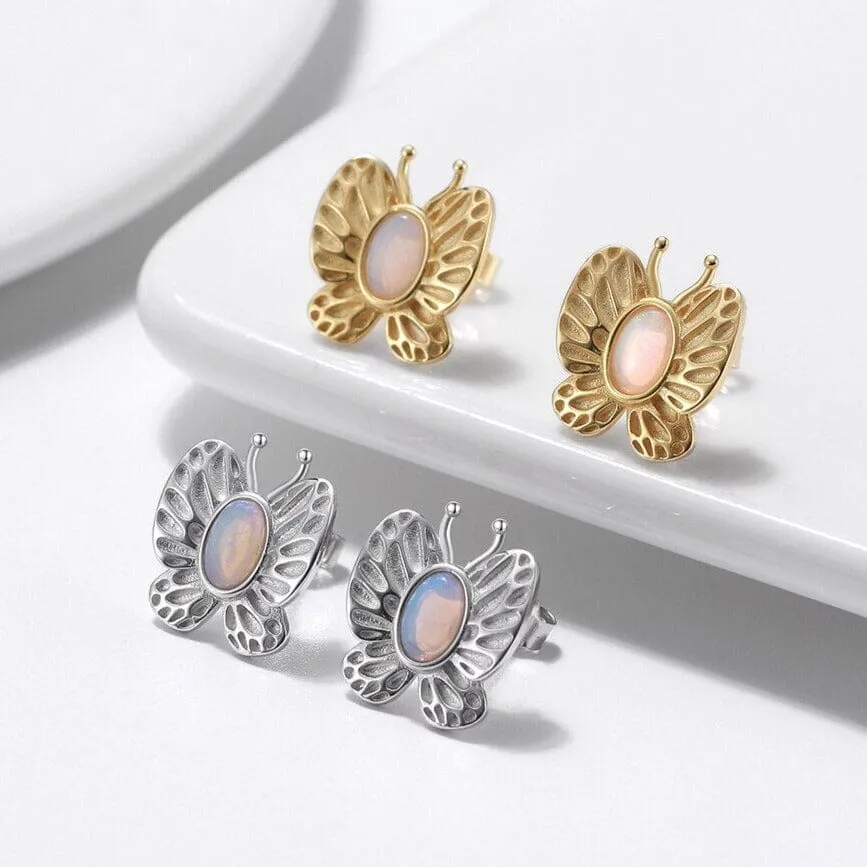 Butterfly White Fire Opal Gold Earrings - 925 Sterling Silver