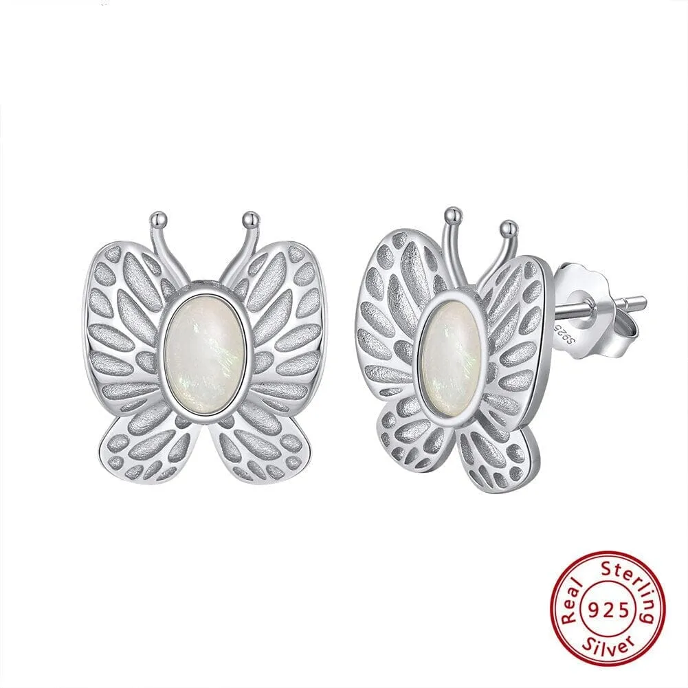 Butterfly White Fire Opal Gold Earrings - 925 Sterling Silver