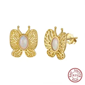 Butterfly White Fire Opal Gold Earrings - 925 Sterling Silver