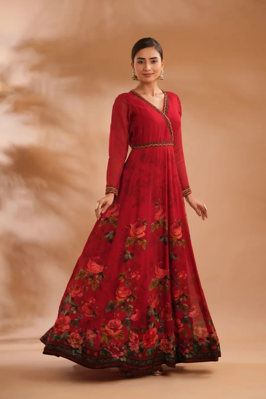 Carmine Red Floral Mulberry Silk Dress