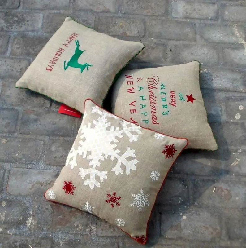 Christmas linen pillow cover, snowflake, Indian brocade applique & embroidered pillow size 16"X 16"