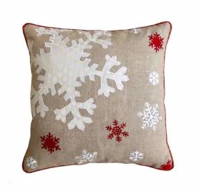 Christmas linen pillow cover, snowflake, Indian brocade applique & embroidered pillow size 16"X 16"