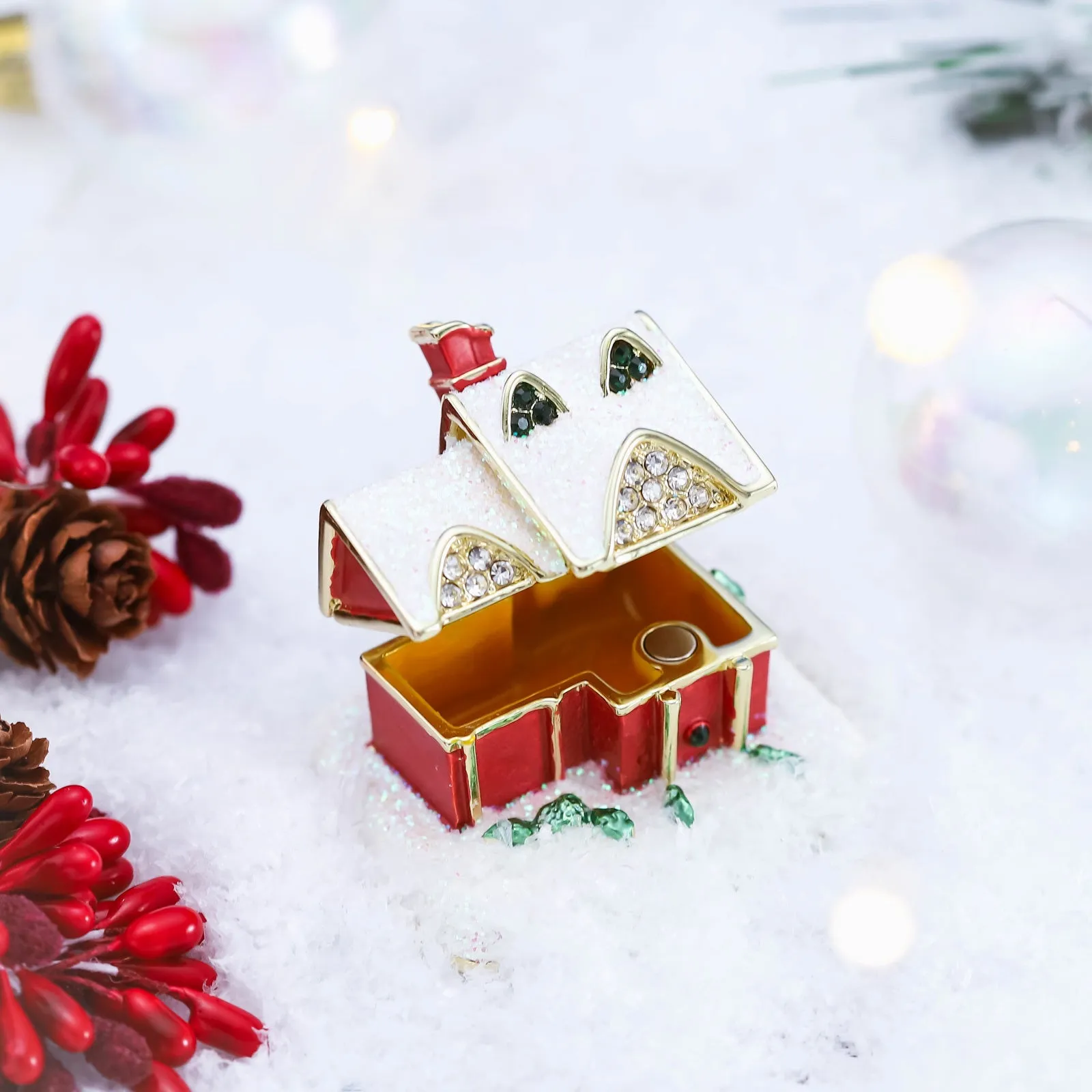 Christmas Snow House Jeweled Trinket Box