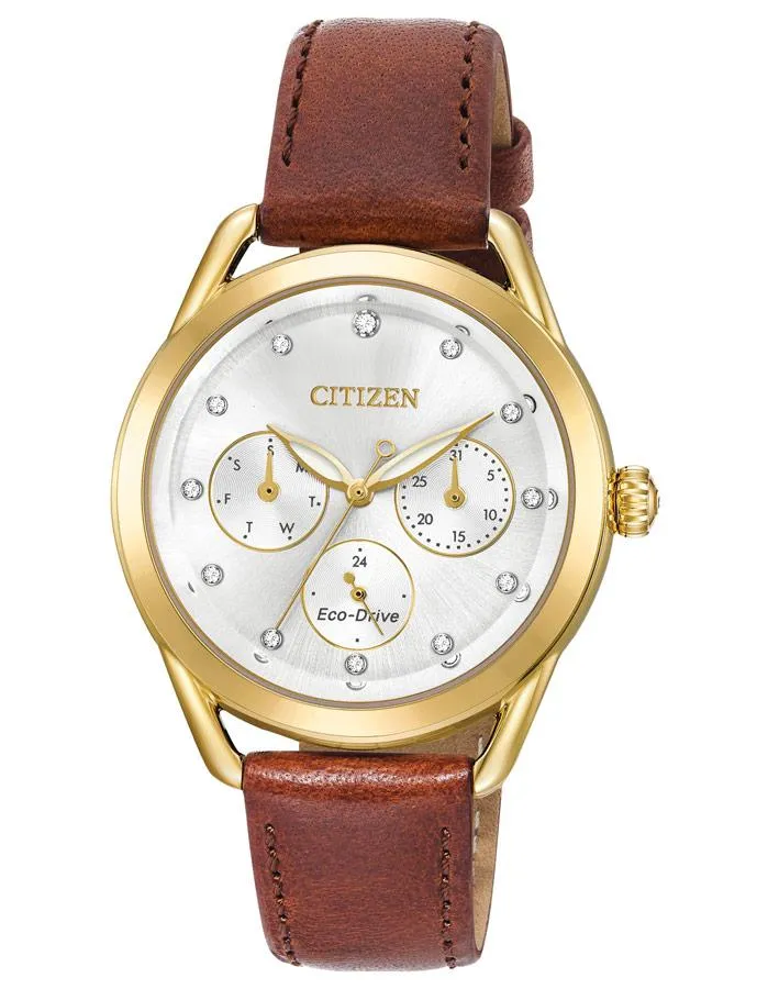 Citizen DRIVE LTR Womens Watch - Gold-Tone - Brown Strap - Crystal - Day/Date