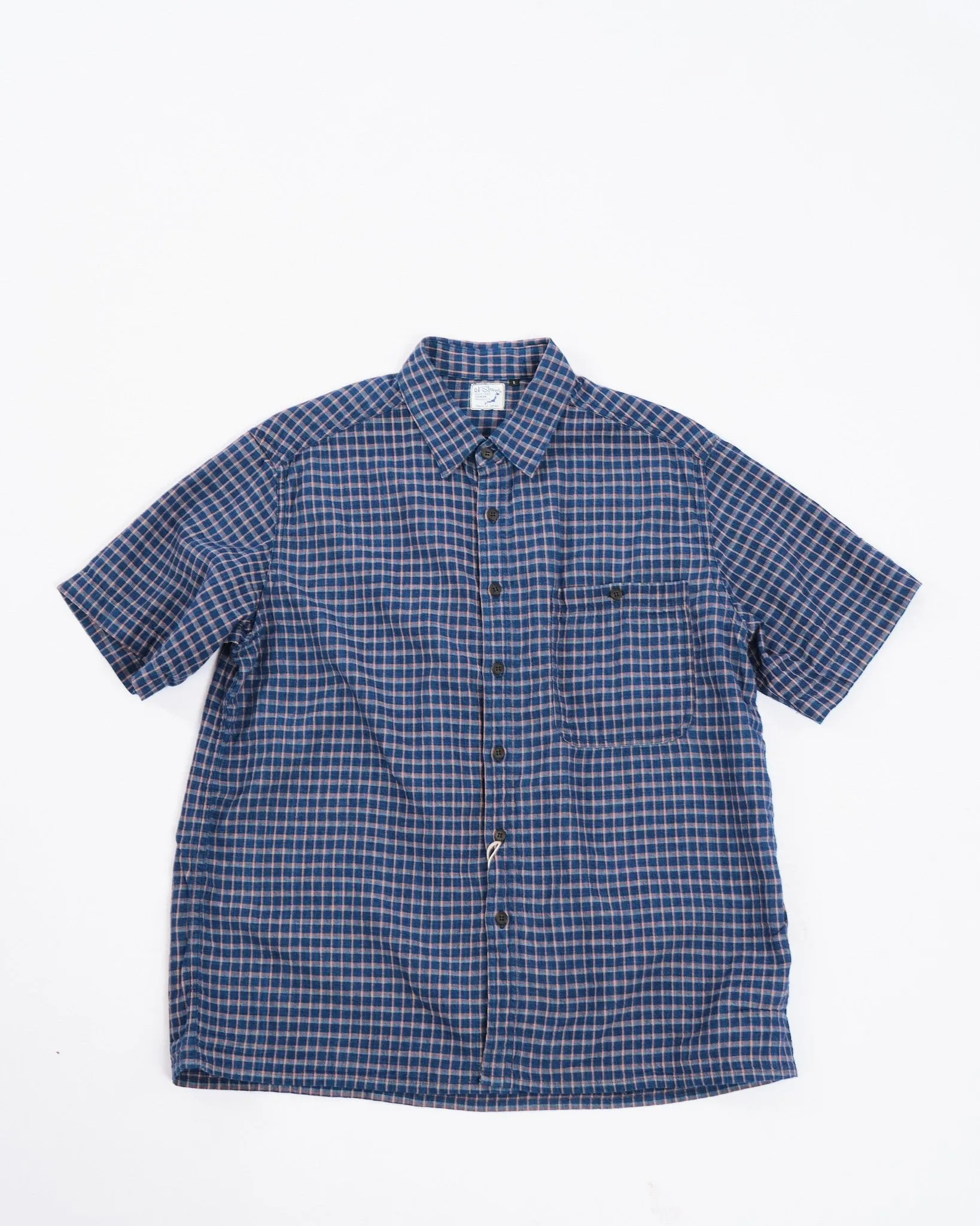 COTTON LINEN LOOSE FIT SHORT SLEEVE SHIRT INDIGO CHECK